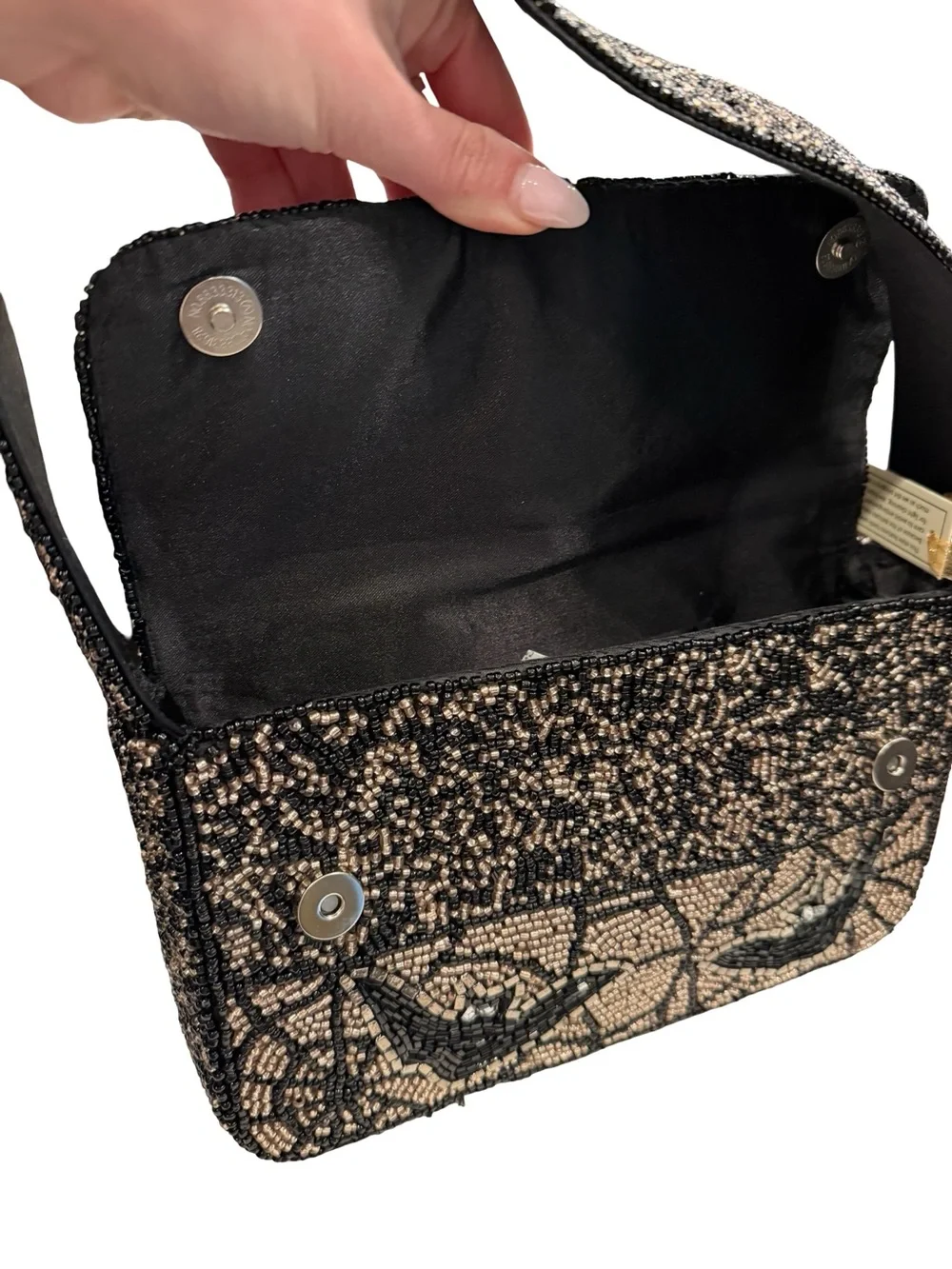 Viral Bat Spiderweb Beaded Bag Black Gold NWT